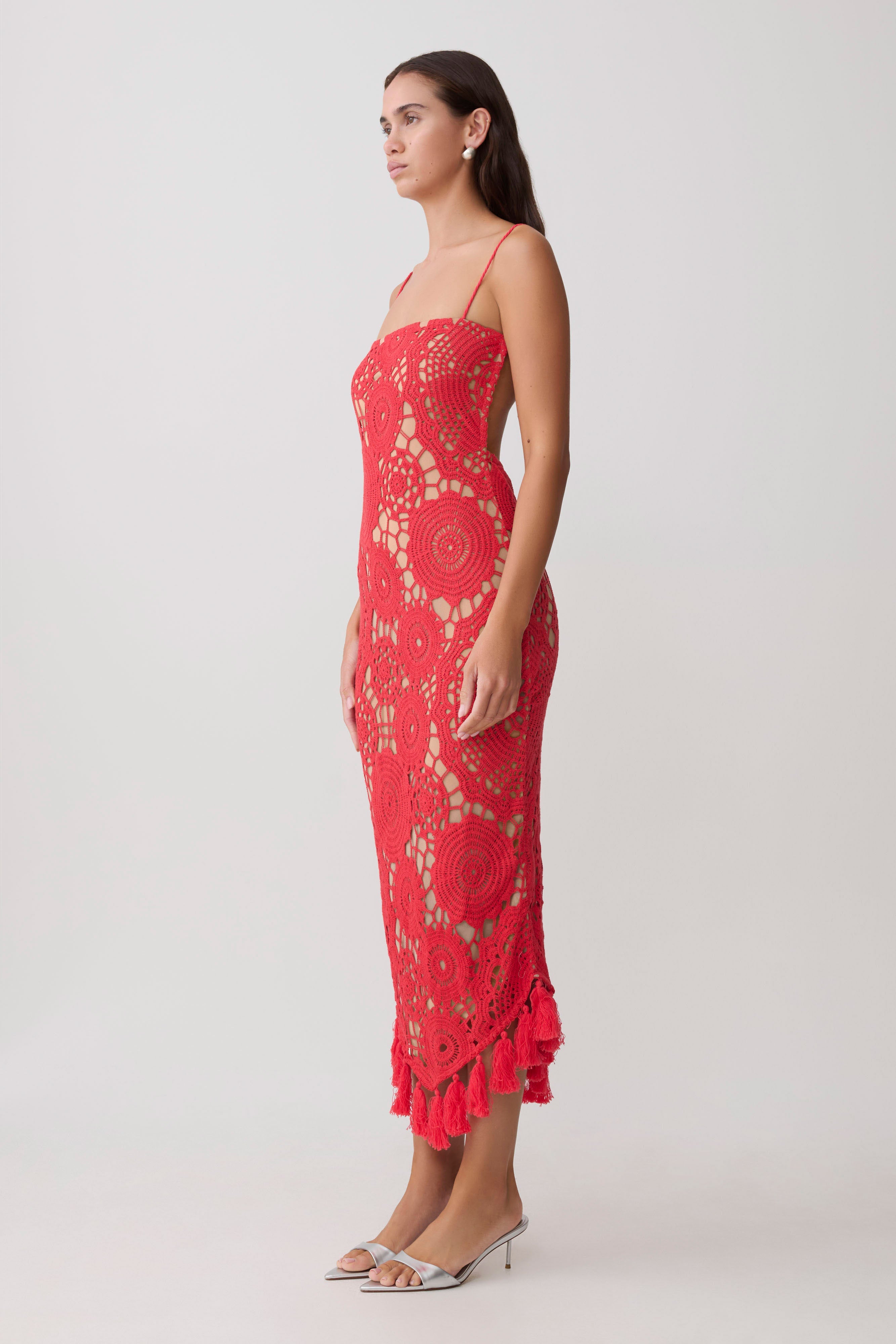 Delta Crochet Halter Midi Dress - Red