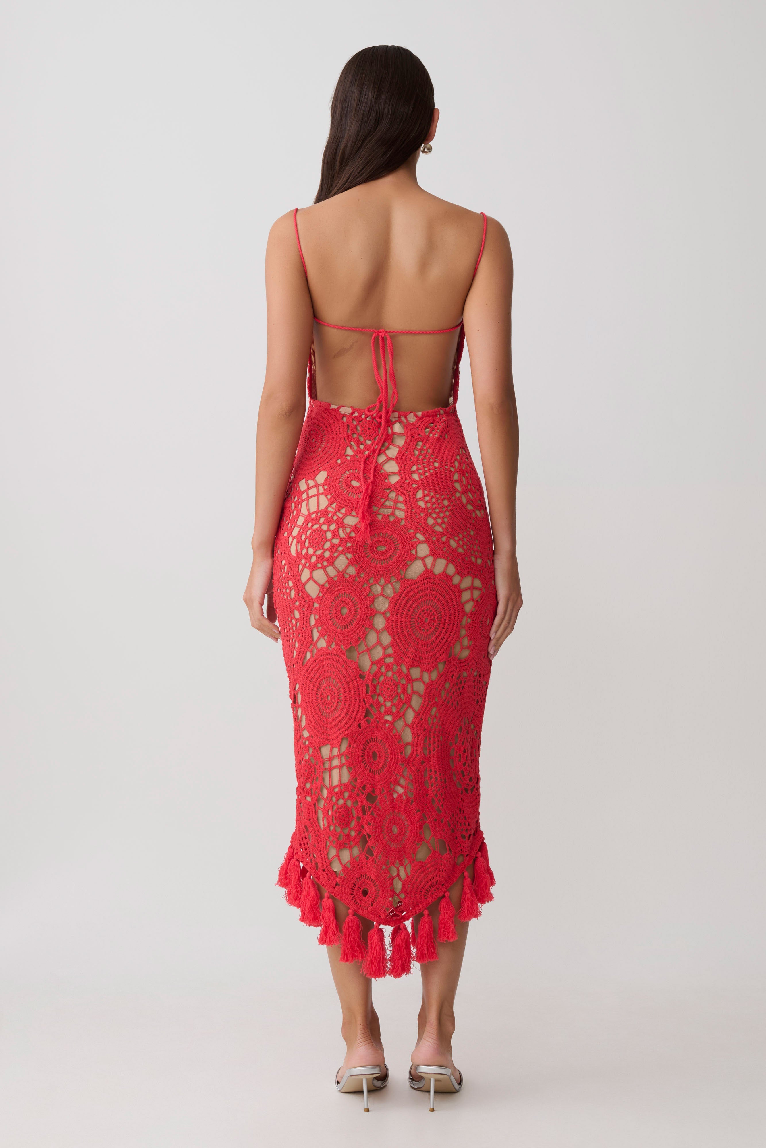 Delta Crochet Halter Midi Dress - Red