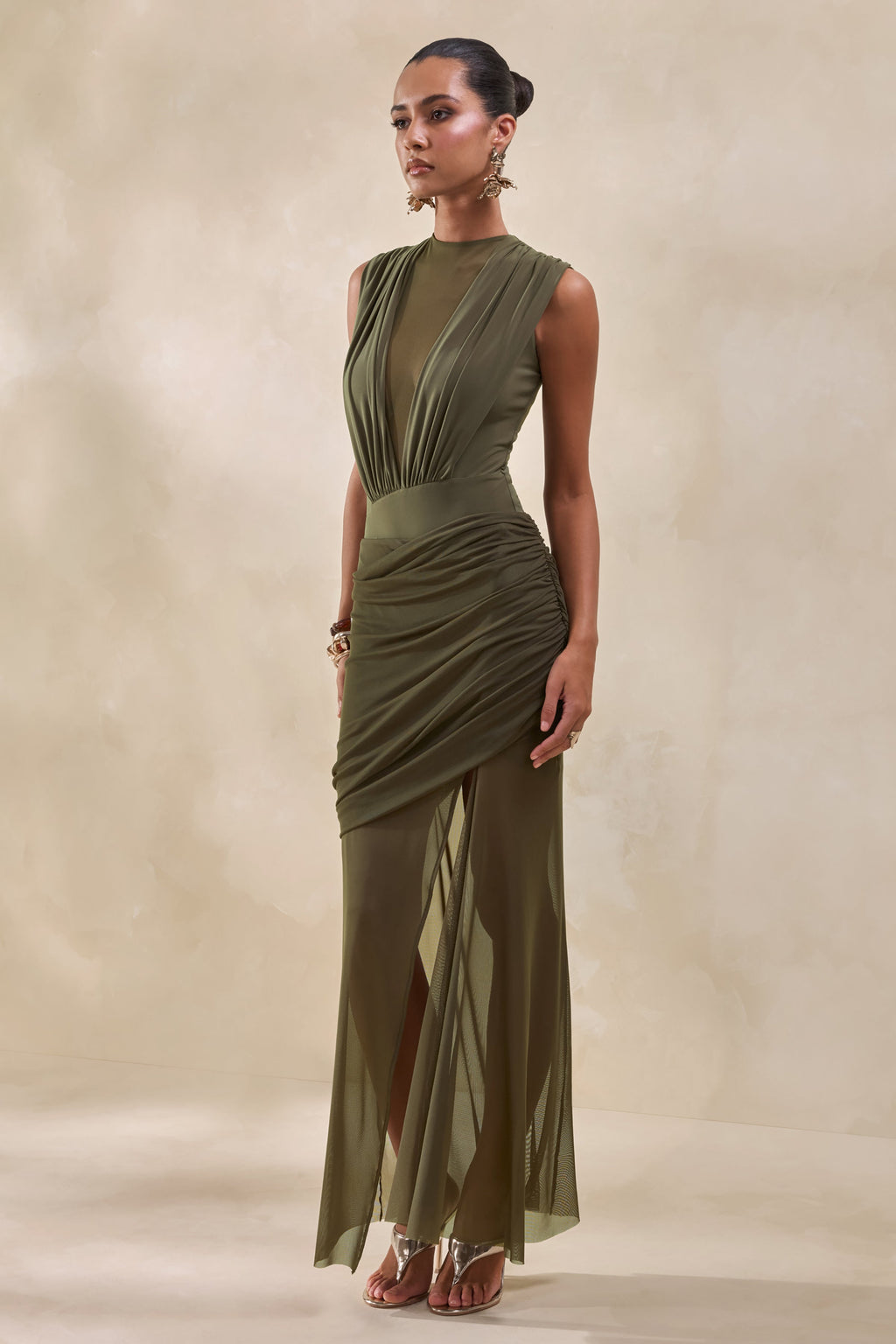Persephone | Khaki Mesh Wrapped Maxi Skirt With Split