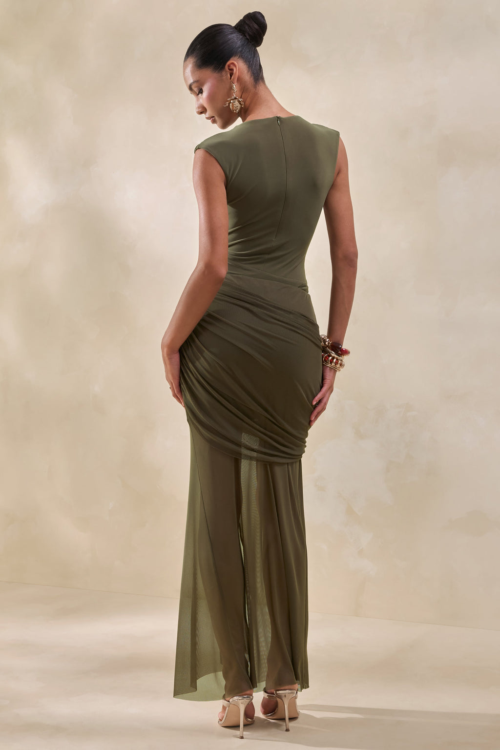Persephone | Khaki Mesh Wrapped Maxi Skirt With Split