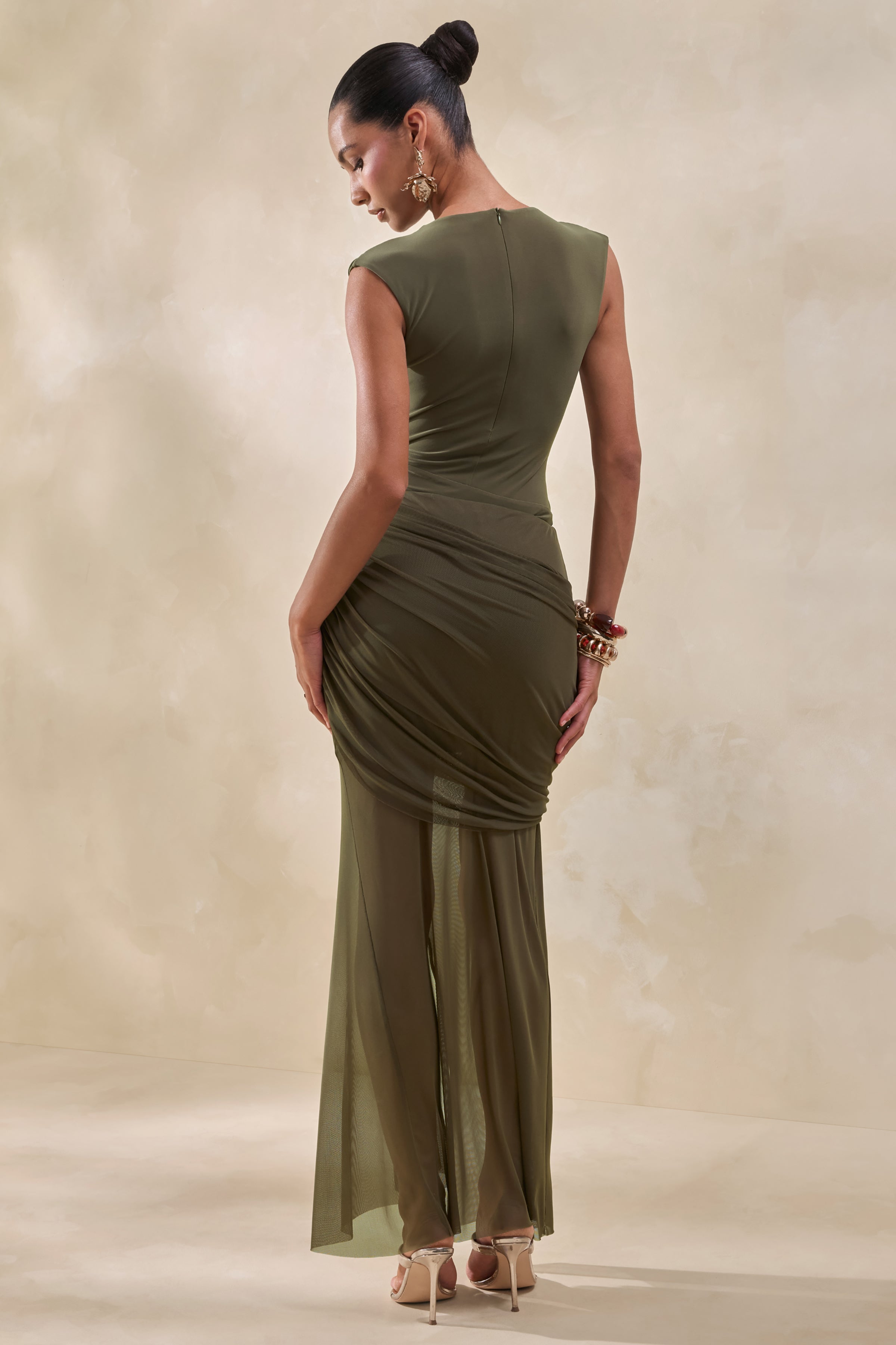 Persephone | Khaki Mesh Wrapped Maxi Skirt With Split