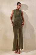 Persephone | Khaki Mesh Wrapped Maxi Skirt With Split