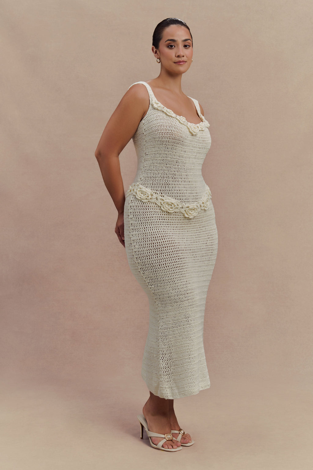 Teagan Floral Hand Crochet Midi Dress - Ivory